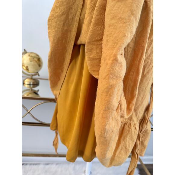 Hesperus Cotton Yellow Empire Waist Mini Dress Short Puff Sleeve Back Tie Medium - Picture 10 of 11